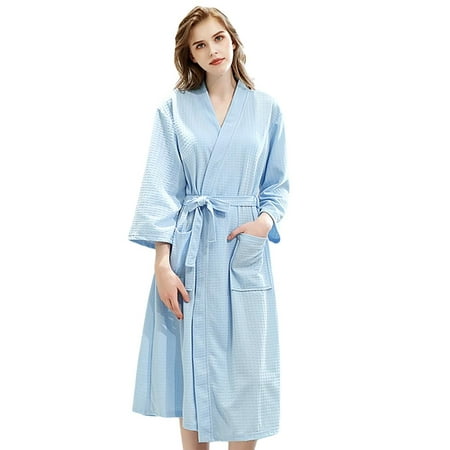 

Metich Women’s Knee Length Waffle Robe Bath Spa Robe Lightweight Cotton &Polyester Blend M-XL Light Blue