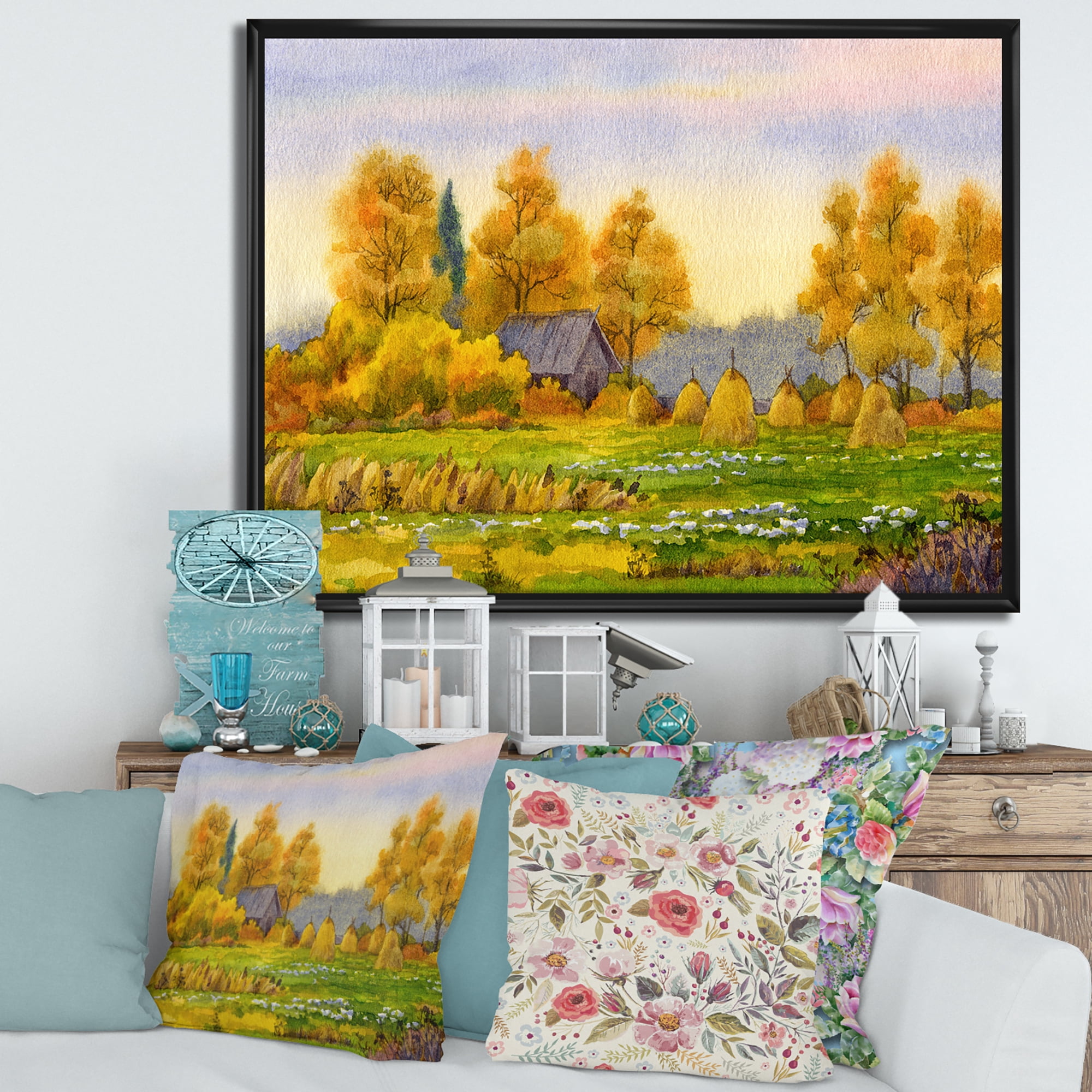Orange Fields With Haystacks II 20" x 12" Framed Painting Canvas Art Print, by Designart