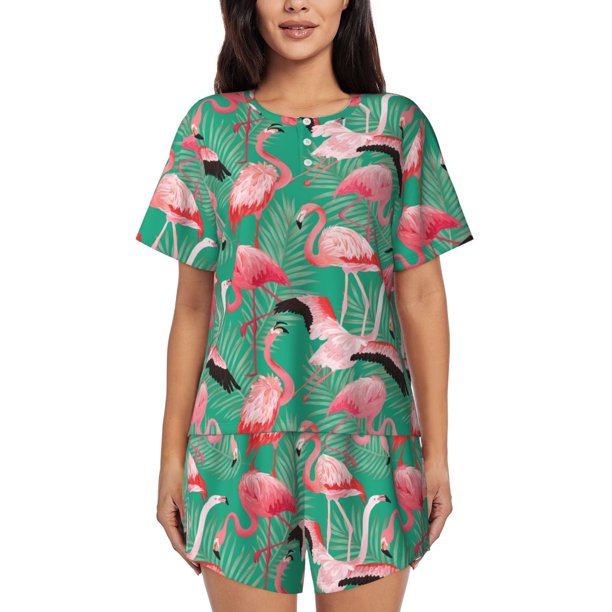 Fotbe Tropical Flamingo Conjunto de Pijama Estampado para Mujer, 2 Piezas, Ropa de Dormir con Camiseta de Manga Corta y Shorts Suaves-Medium