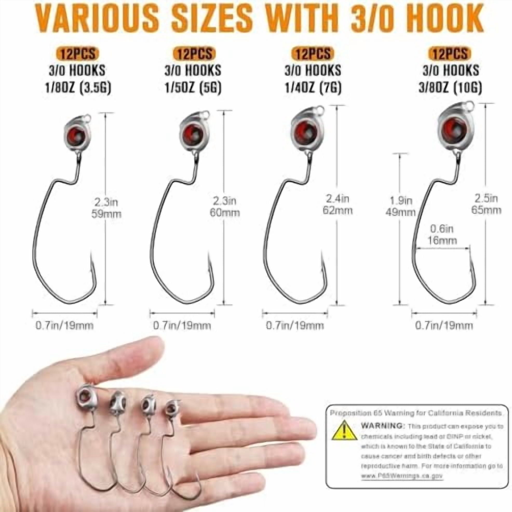 YNGLLC Swimbait Jig Head 12PCS Ned Rig Jig Heads Weedless Jig Heads with 3/0 Texas Rig Hooks for Bass Fishing 1/8 1/5 1/4 3/8oz