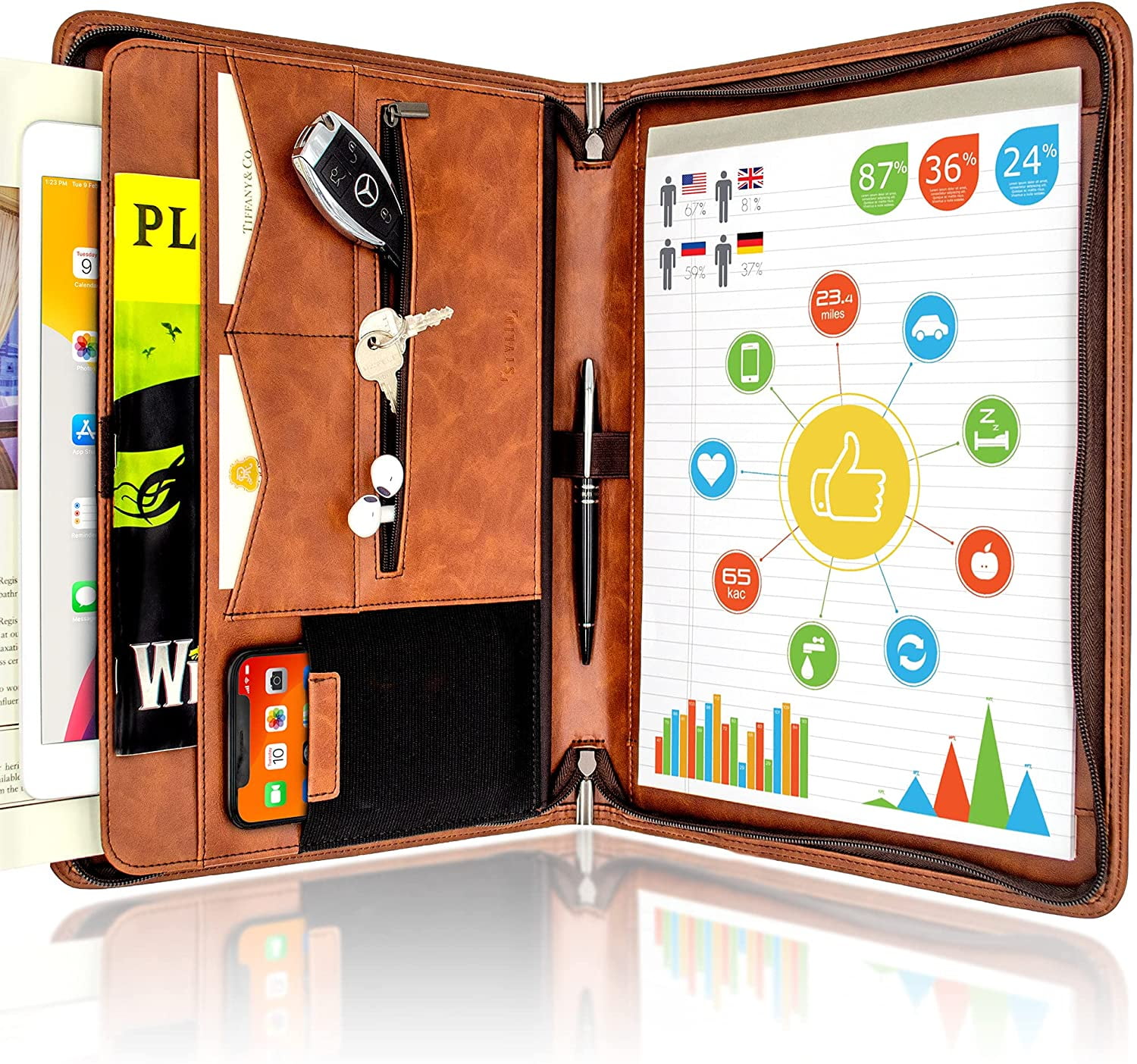 STYLIO Zippered Brown Padfolio Portfolio Binder, Interview Resume Document Organizer. Binder