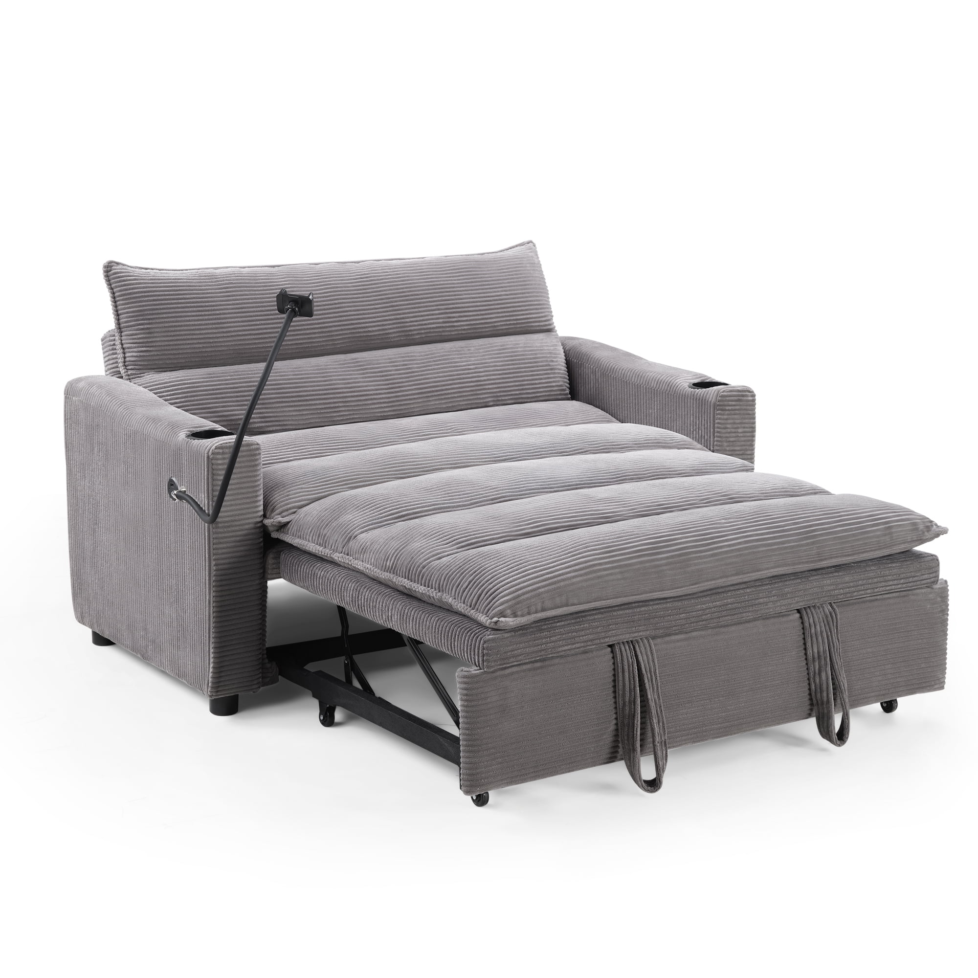 Ebello 3-in-1 Convertible Corduroy Sleeper Sofa Bed with Phone Holders & USB Ports, Pull Out Bed, Adjustable Backrest, Easy Assembly, 1-Seat(Gray)