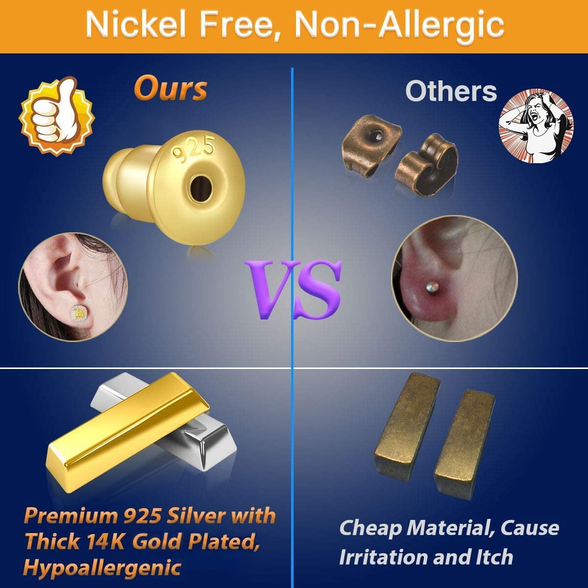 Gold Earring Backs Hollosport 6pairs/12pcs 18K Gold Plated Bullet