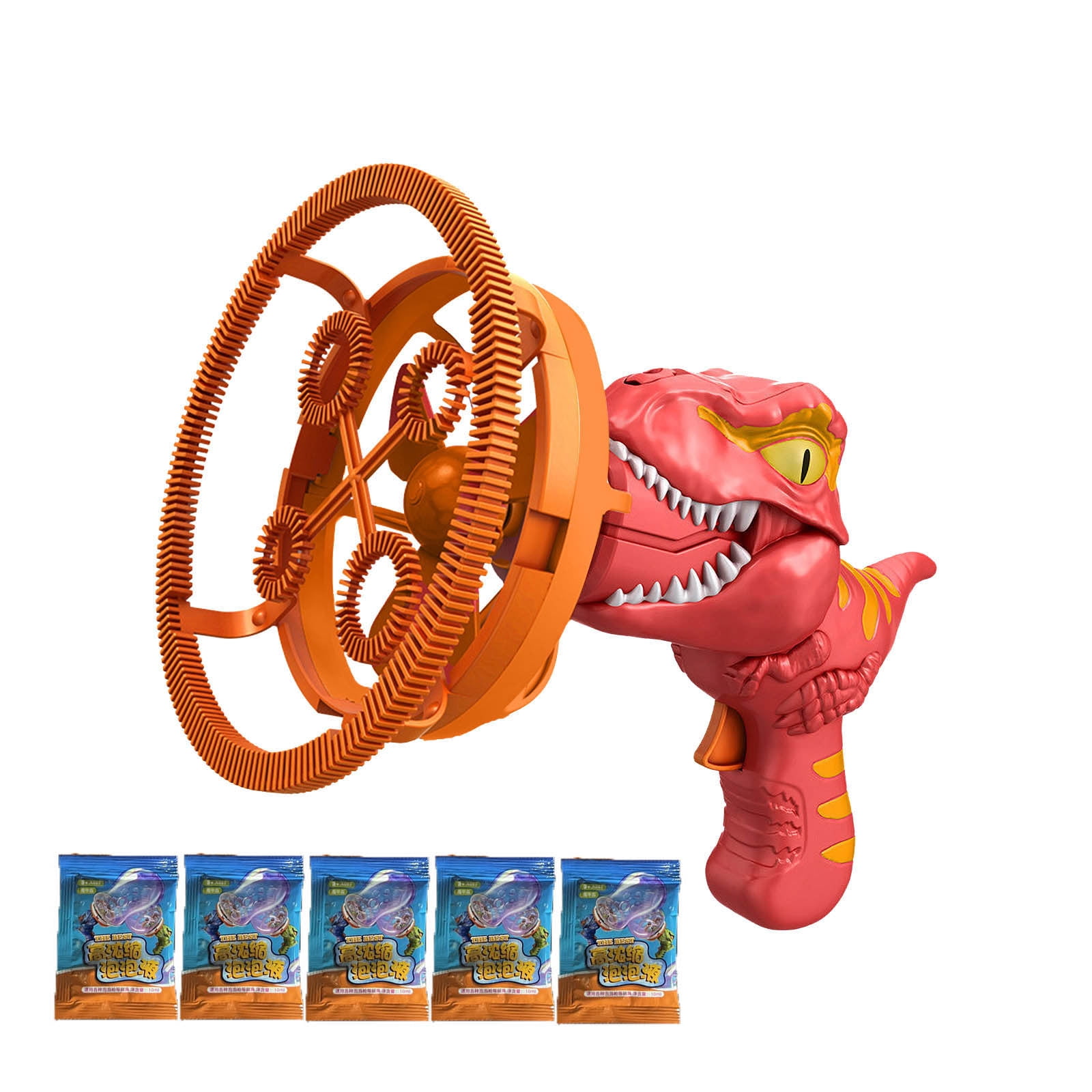 WSBDENLK Pistolet à Bulles, Machine à Bulles, Machine à Bulles Dinosaure Semi-Automatique, Souffleur, Jouet pour Enfants Pistolet à Bulles 250Ml, Machine à Bulles Dinosaure + 5 Liquides à Bulles Concentrés