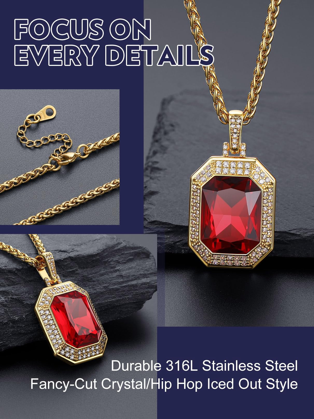Bandmax Hip Hop Biker 14K Gold Plated Necklace for Men Women Ruby Stone Pendant with Shining Cubic Zirconia Charm for Gift