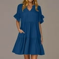 thumbnail image 2 of Dezsed Women's V Neck Cute Shift Dress with Pockets Bell Sleeve Ruffle Hem Loose A Line Summer Tunic Mini Dress Blue XL, 2 of 7