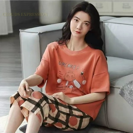 

QWZNDZGR Summer Capris Plaid Women Sleep Lounge Pajama Short-Sleeved Pajama Sets Cartoon Pyjamas Polyester Sleepwear 3XL 5XL Home Fashion