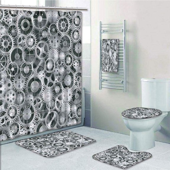PRTAU Clock Realistic Look Cogwheels Mechanism Gear Engineering Technologic 5 Piece Bathroom Set Shower Curtain Bath Towel Bath Rug Contour Mat and Toilet Lid Cover