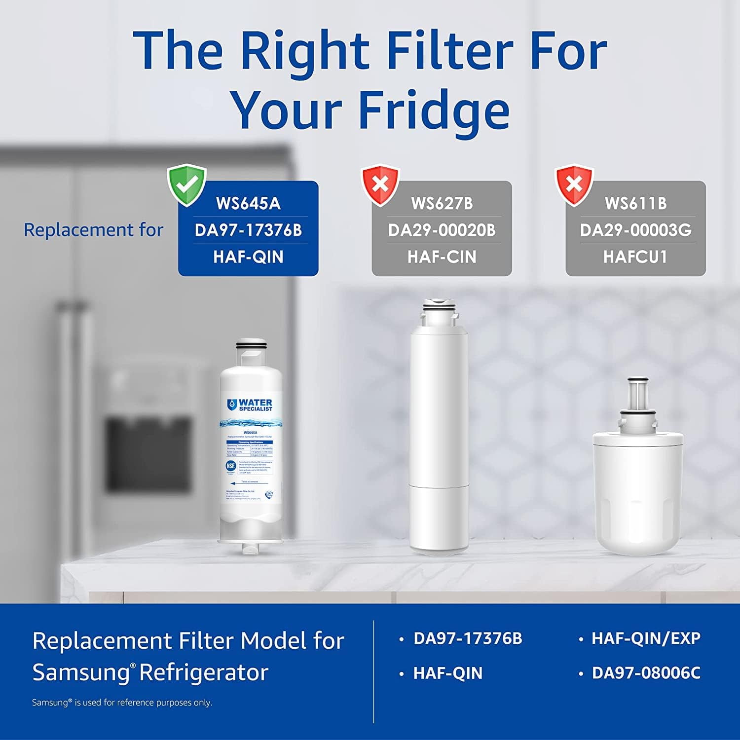 Waterspecialist WS645A Refrigerator Water Filter, Replacement for Samsung® DA97-17376B, HAF-QIN/EXP, HAF-QIN, RF28T5001SR, DA97-08006C, RS27T5200SR, RF28R7351SG, RF24R7201SR, RF27T5201SR, 3 Pack