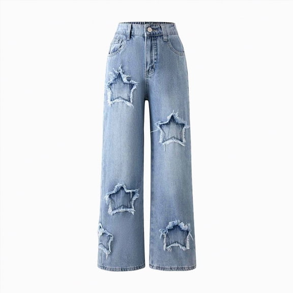 kpoplk Girls Jeans Denim Elastic Waist Wide Leg Baggy Pants Kids Clothes(Light Blue,7-8 Y)