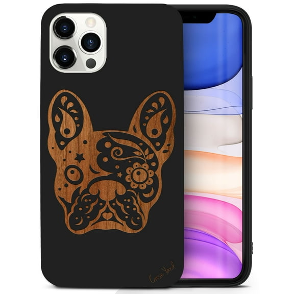 Case Yard Wooden Case for iPhone-12/12-Pro Soft TPU Silicone cover Slim Fit Shockproof Wood Protective Phone Cover for Girls Boys Men and Women Supports Wireless Charging Bulldog Design