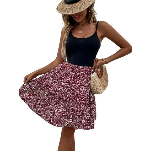 Womens 2025 Summer Floral Mini Dress Boho Flowy Dresses Short Sleeveless Ruffle Spaghetti Strap Dress Black S