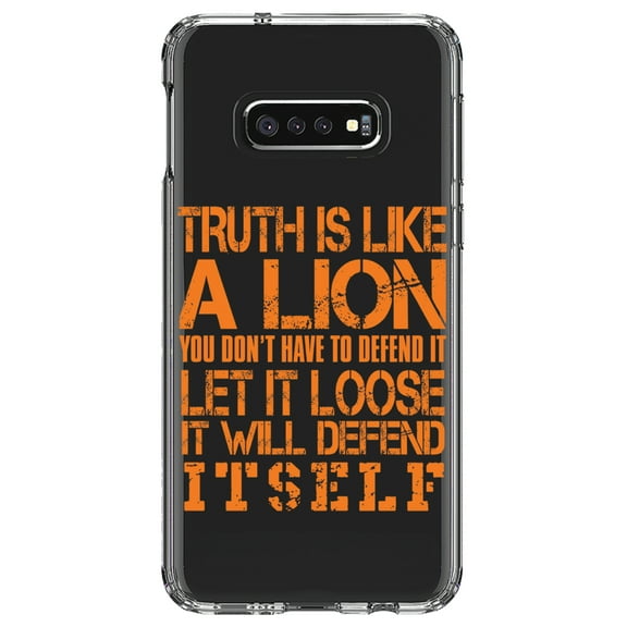 DistinctInk Clear Shockproof Hybrid Case for Samsung Galaxy S10e (5.8" Screen) - TPU Bumper Acrylic Back Tempered Glass Screen Protector - Truth is Like Lion - Don't Have to Defend