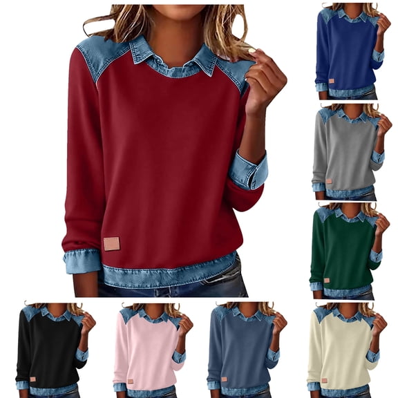 Tqyyweavej Long Sleeve Shirts for Women Denim Patchwork Lapel Collar Blouses Tunic Tops Loose Casual Pullover Womens Tops Size S to 2XL