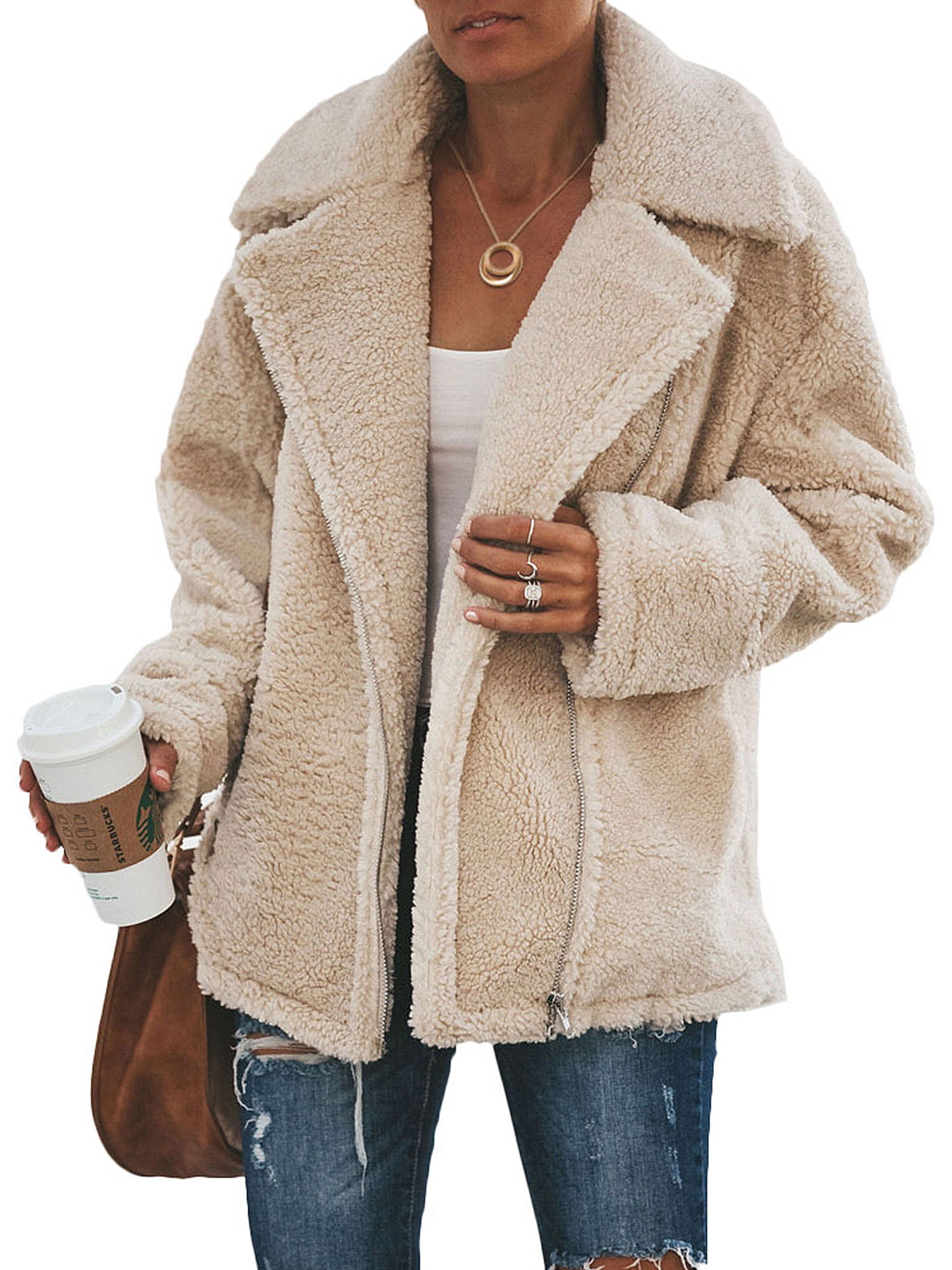 UKAP - Women Fuzzy Teedy Bear Jacket Lapel Neck Faux Fur Coat Long Sleeve Overcoat Outerwear 