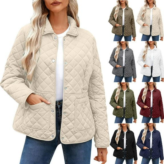 Women Casual Quilted Puffer Jacket Loose Comfy Lapel Long Sleeve Zip Up Coat Lightweight Winter Warm Outwear With Pocket