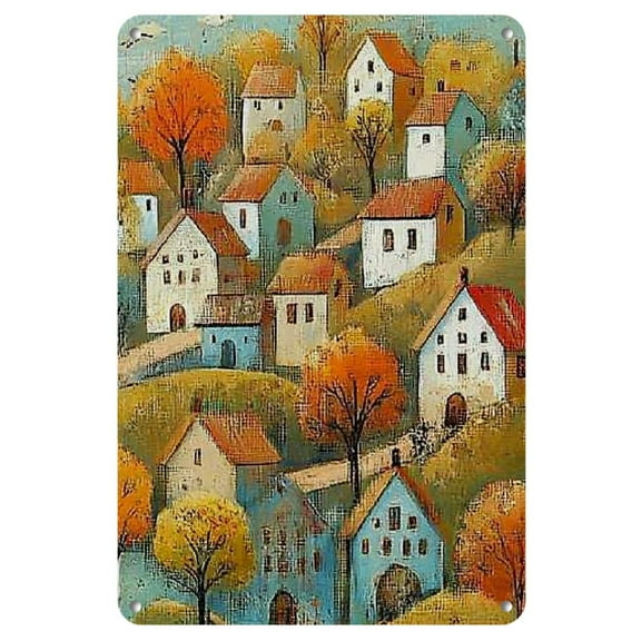 Charming Vintage Village Metal Wall Art - Retro Tin Sign with Colorful Autumnal Scene for Home, Cafe & Garden Decor | Durable, Easy-to-Hang Indoor/Outdoor Accent