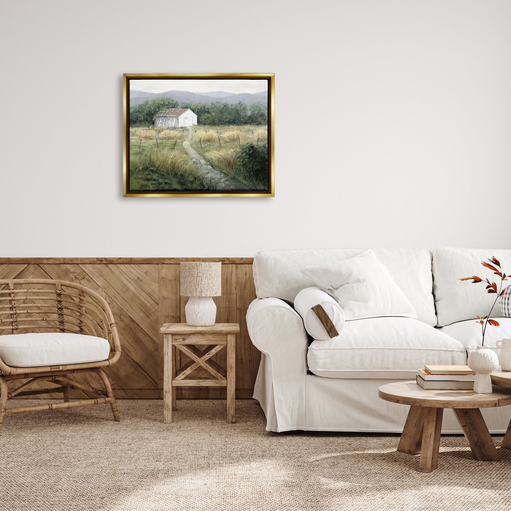 Stupell Industries Traditional White Cottage Path Landscape Painting Gold Floater Framed Canvas Art Print Wall Art, 31 x 25