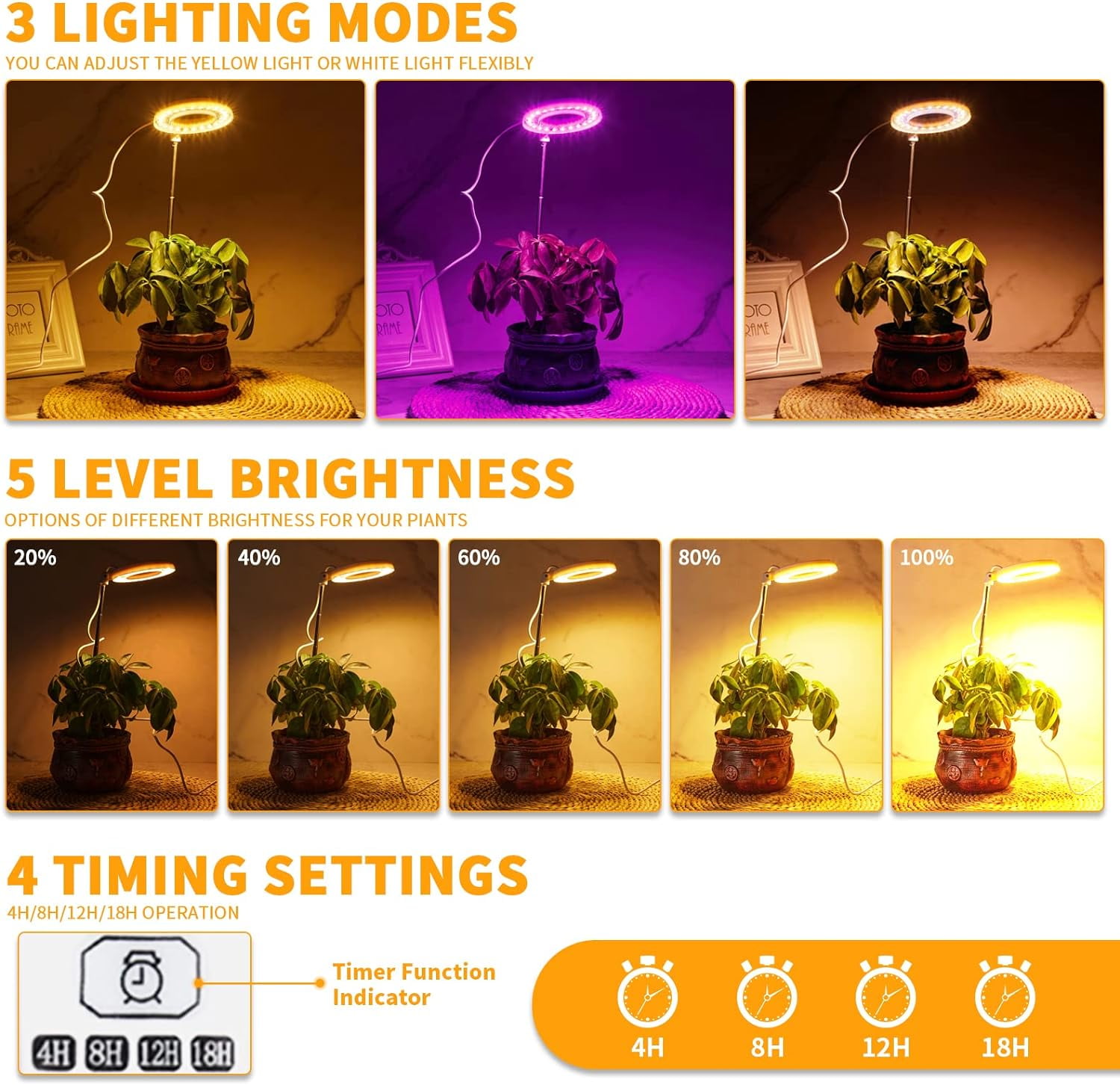 JUHEFA Grow Light, 17.6" Adjustable LED, 5V, Height Adjustable Timer Indoor Plant Light