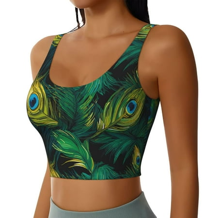 Picia Peacock Feathers2 Sports Bra for Women Padded Strappy Sports Bras Medium Support Yoga Bra with Removable Cups Running Yoga Bra-Medium