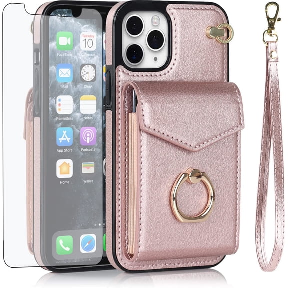 Phone Case for iPhone 11 Pro 5.8 Wallet Cover with Tempered Glass Screen Protector and Ring Credit Card Holder Leather Cell Accessories iPhone11pro iPhone11 i XI 11s 11pro Women Men Rose Gold