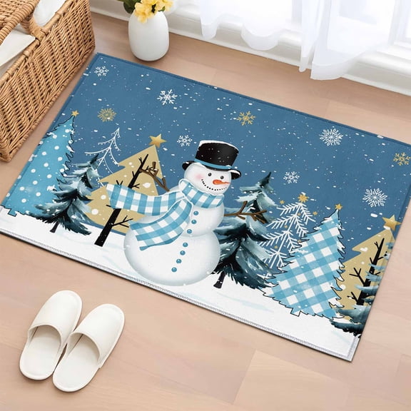 Blue Snowman Christmas Bathroom Rug Washable 2x3 Entryway Rug Non Slip Golden Snowflake Xmas Trees Front Door Mat Low Pile Indoor Doormat Throw Floor Carpet for Kitchen Bedroom Entrance