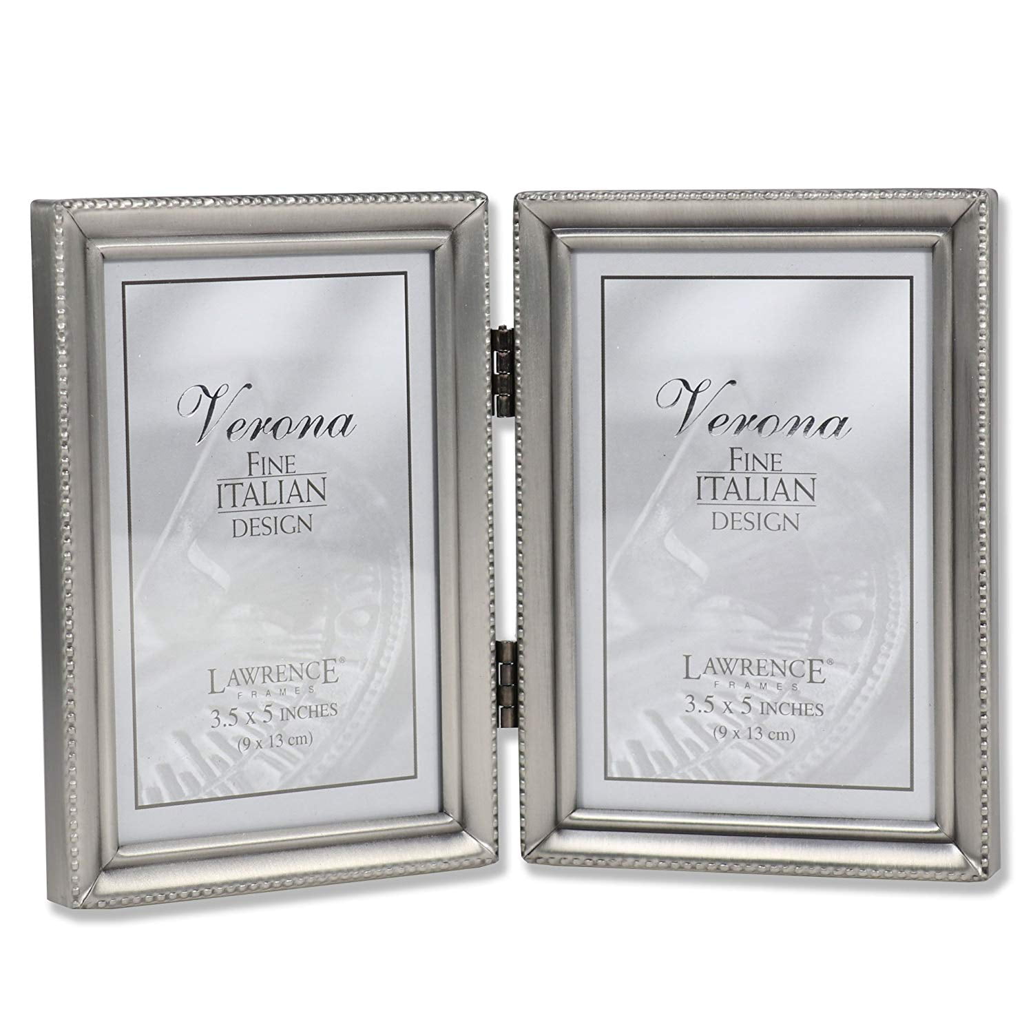 Lawrence Frames Antique Pewter Hinged Double 3.5x5 Picture Frame Beaded Edge Design