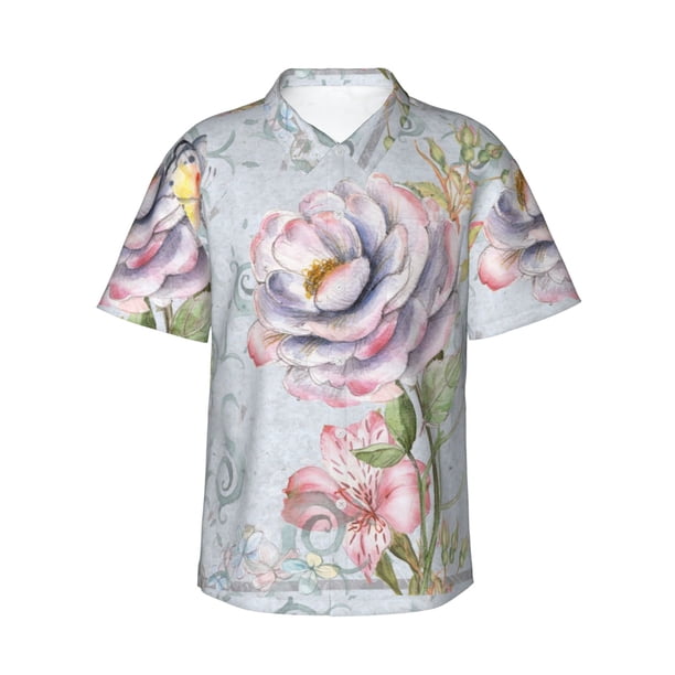Fotbe Vintage Rose Camisa Hawaiana para Hombre Unisex – Camisa Casual de Verano con Botones de Manga Corta de Algodón y Lino,Large