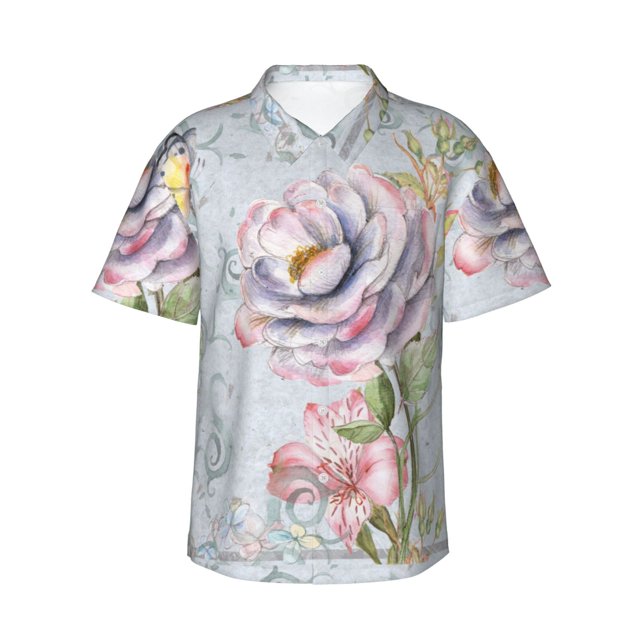 Fotbe Vintage Rose Camisa Hawaiana para Hombre Unisex – Camisa Casual de Verano con Botones de Manga Corta de Algodón y Lino,Small