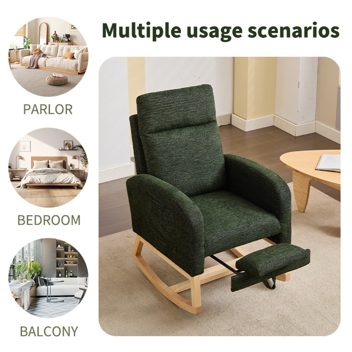 Modern Accent Rocking Chair Rocking Chair with Solid Wood Legs, Upholstered Nursery Glider Rocker, Comfy Armchair with Side Pocket, Living Room Lounge Arm Chair with High Backrest fabric BN.7336