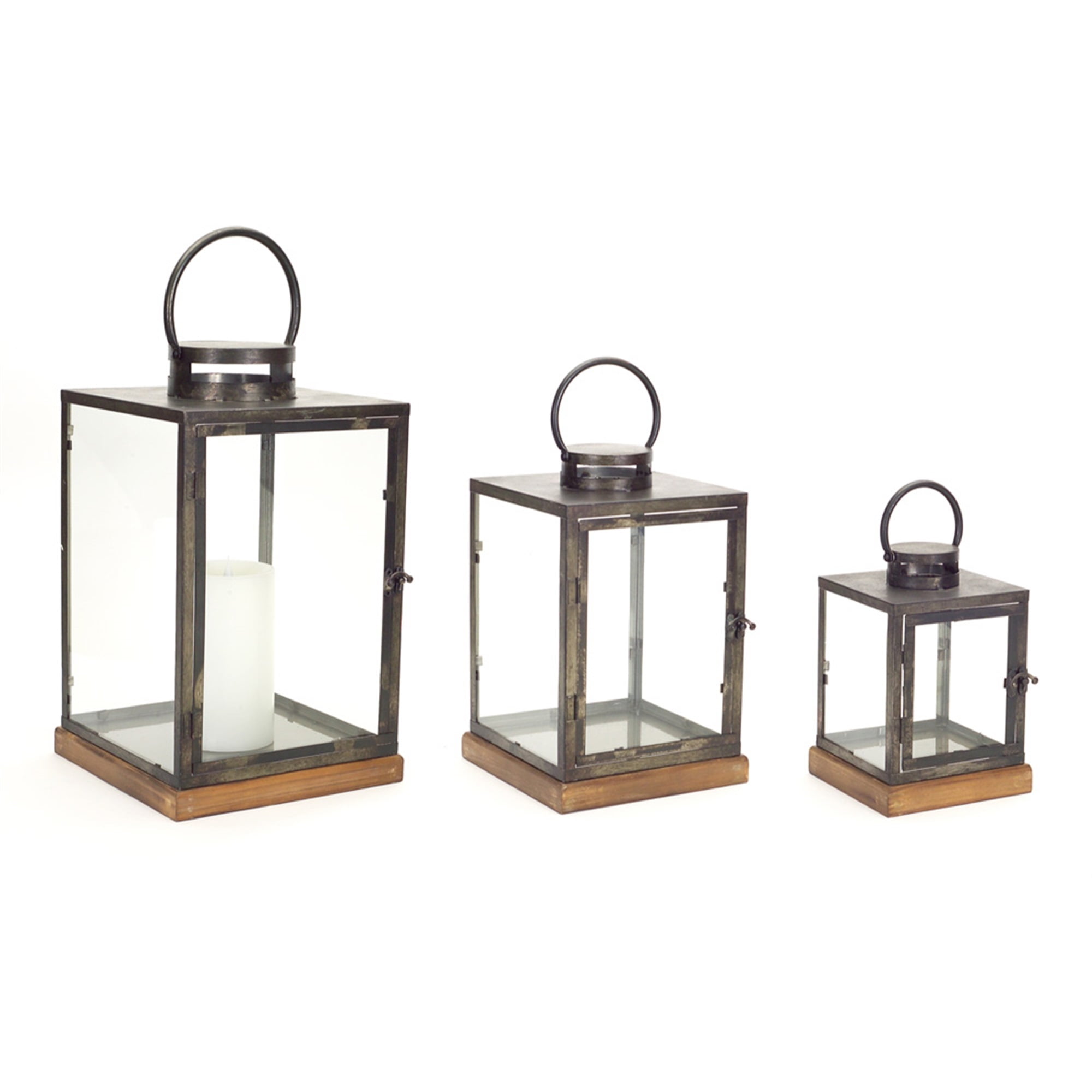 Lanterns (Set of 3) 12"H, 16.5"H, 21.5"H Metal/Glass/Wood