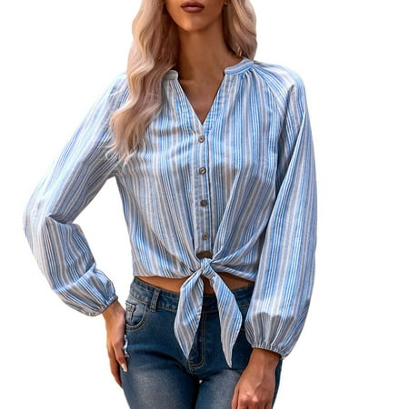 

KaLI_store Womens Shirts Womens Long Sleeve Blouses Dressy Casual Tops Chiffon Flowy Crewneck Ruffle Shirts Blue S