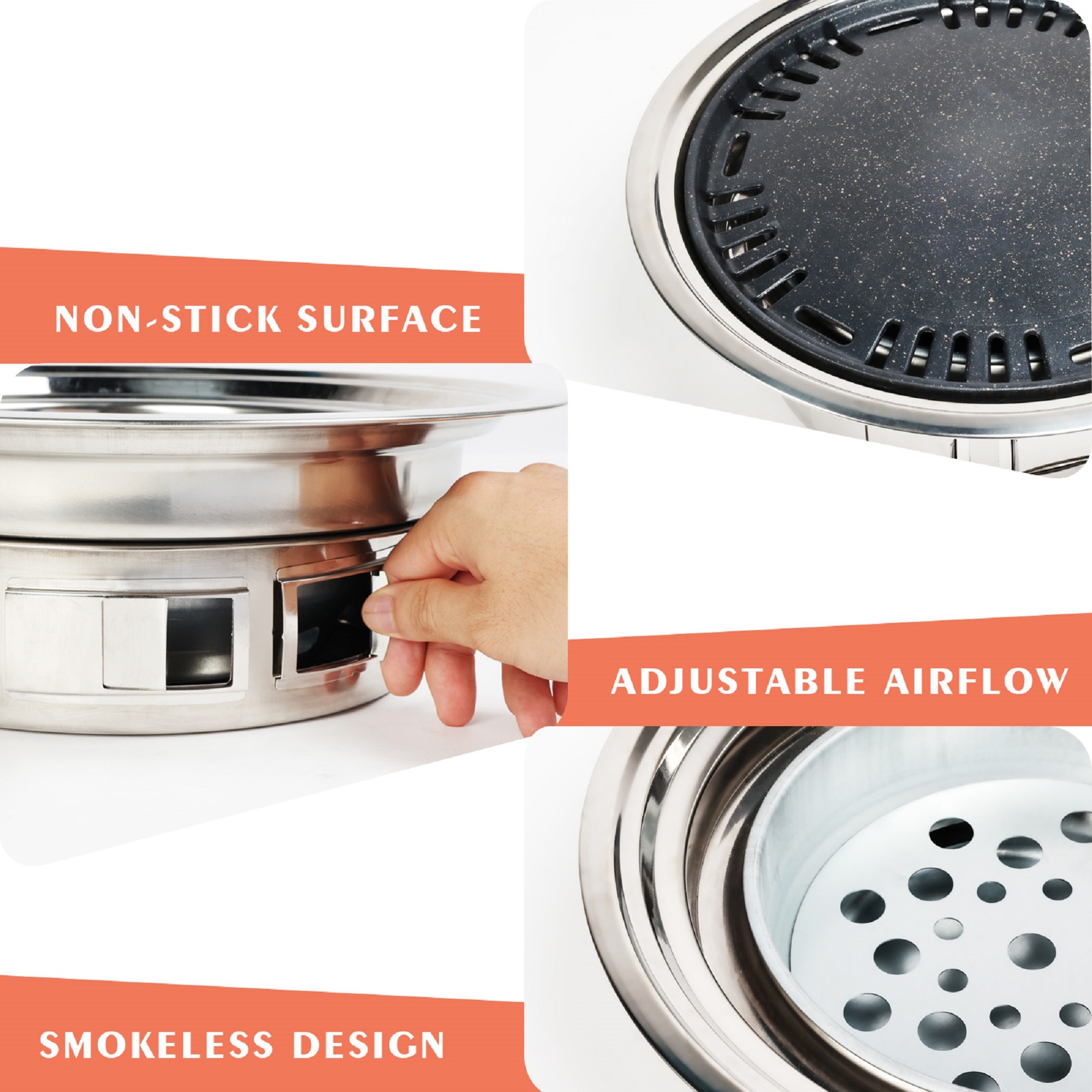 Charcoal Barbecue Grill, 13.7 Inches Non-Stick Korean BBQ Grill, Portable Stainless Steel Charcoal Stove for Home Party Outdoor Camping