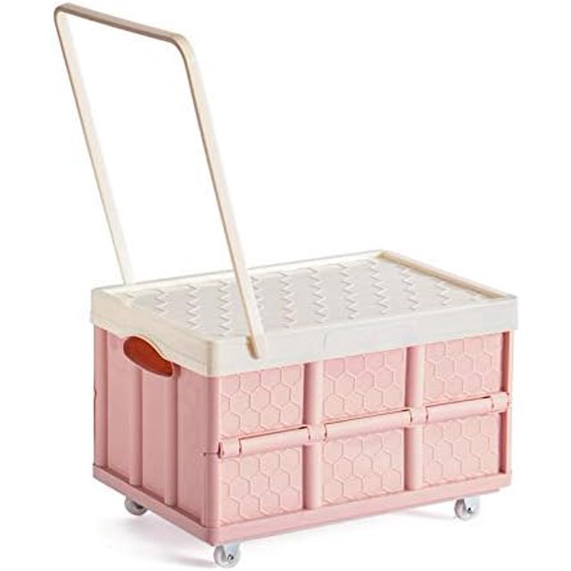Foldable Storage Bins with Lids Plastic Collapsible Storage Box Portable Stackable Grocery Books Container Folding Latching Storage Crate with Removable Pulley and Pull Rod (Pink M)