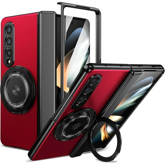 Magnetic for Samsung Galaxy Z Fold 4 Case with Ring Holder, [Hinge Protection] Built in Screen Protector & Camera Protection Slim Thin Hard PC Kickstand Shockproof Protective Case, Red