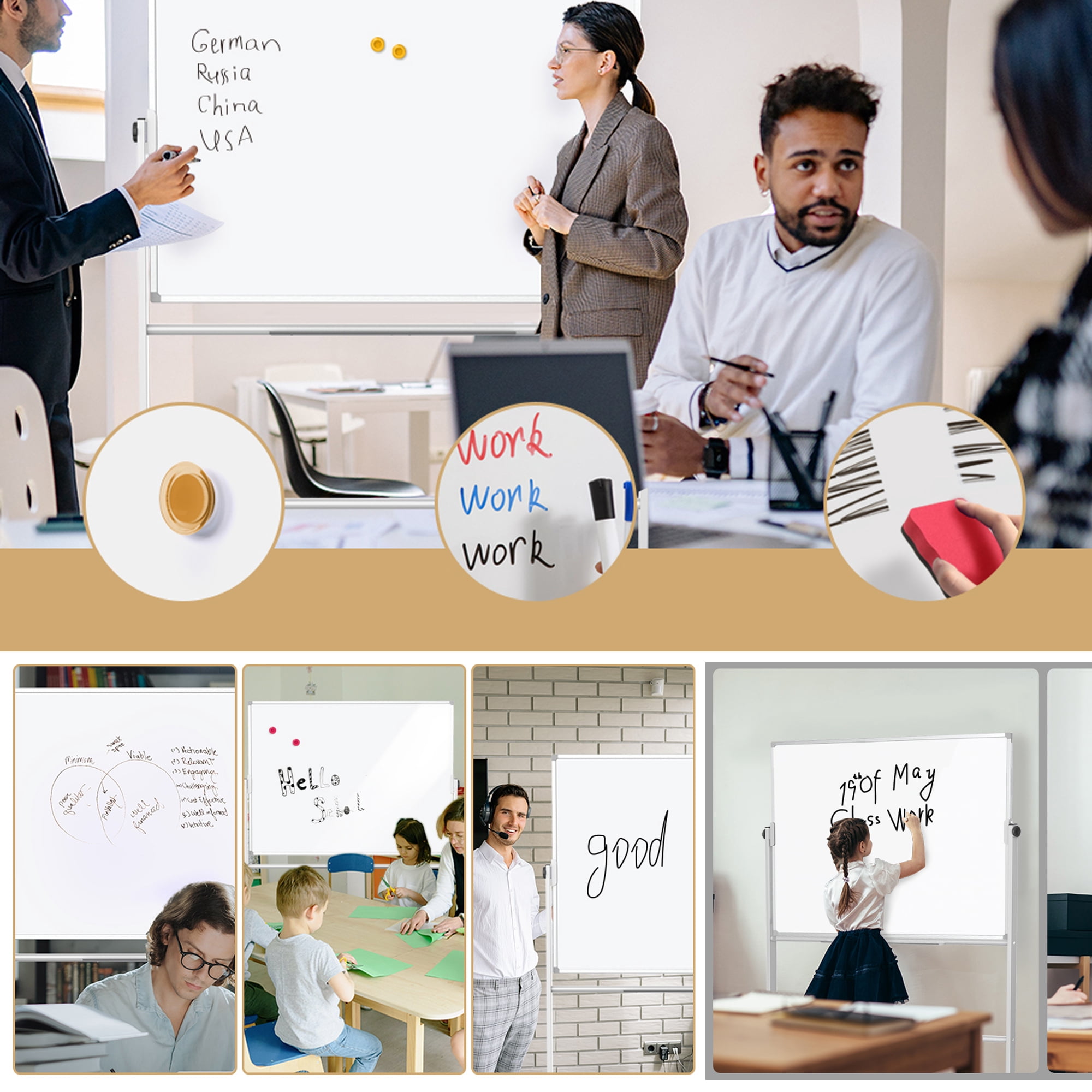 TOWON Double-Sided Mobile Whiteboard - 48"x36" Large Height Adjustable Magnetic Dry Erase Board on Wheels, 360° Rolling Office White Board Pizarra - Sliver