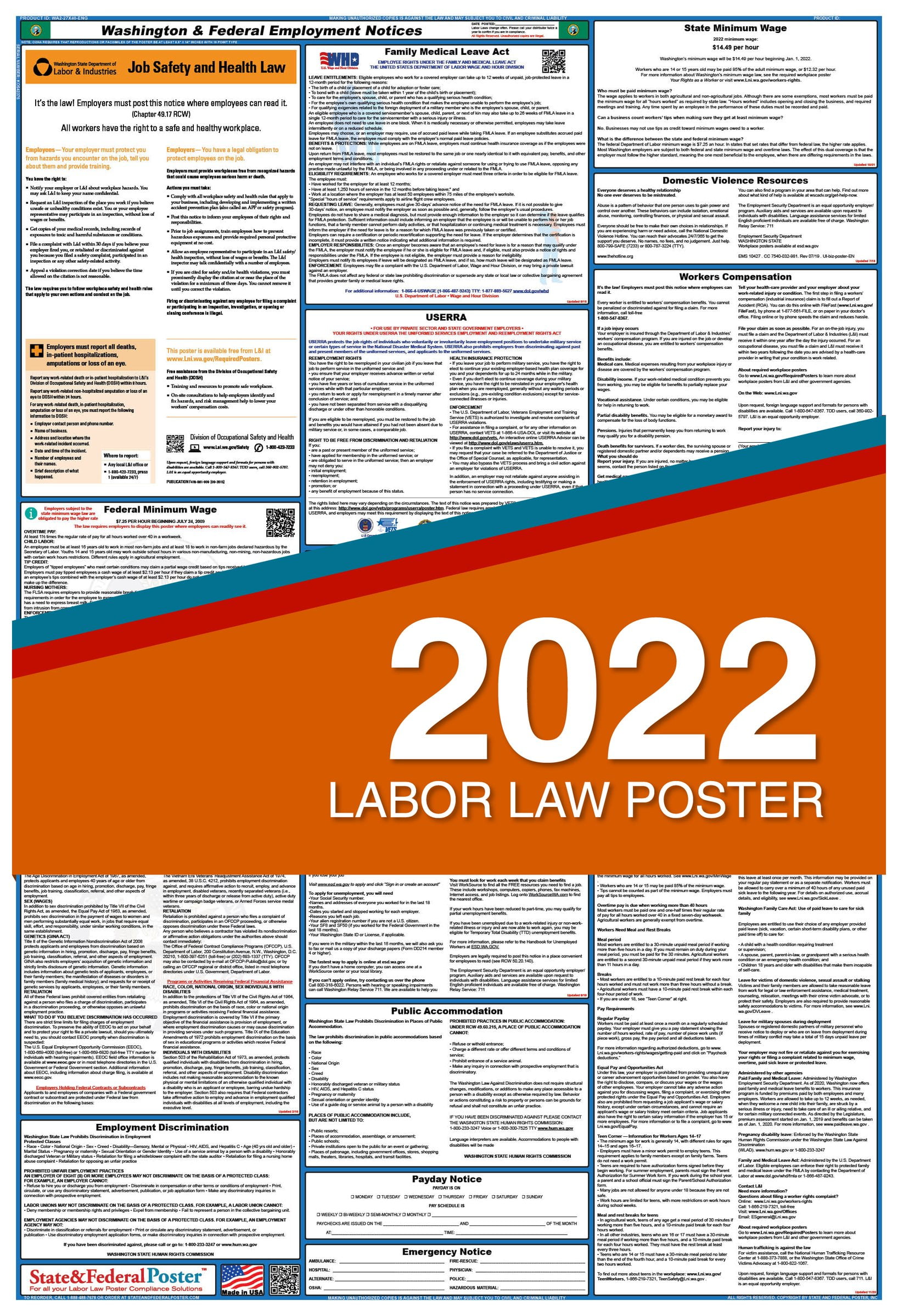2022 Washington State and Federal Labor Law Poster (Laminated