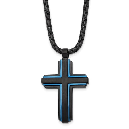 Auriga Stainless Steel Brushed and Black and Blue IP-plated Cross Pendant Chain Necklace for Men 24"