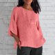 thumbnail image 2 of Moda mujer Casual manga tres cuartos cuello redondo algodón lino sólido Tops blusa Pompotops  hfajkhk134740, 2 of 6