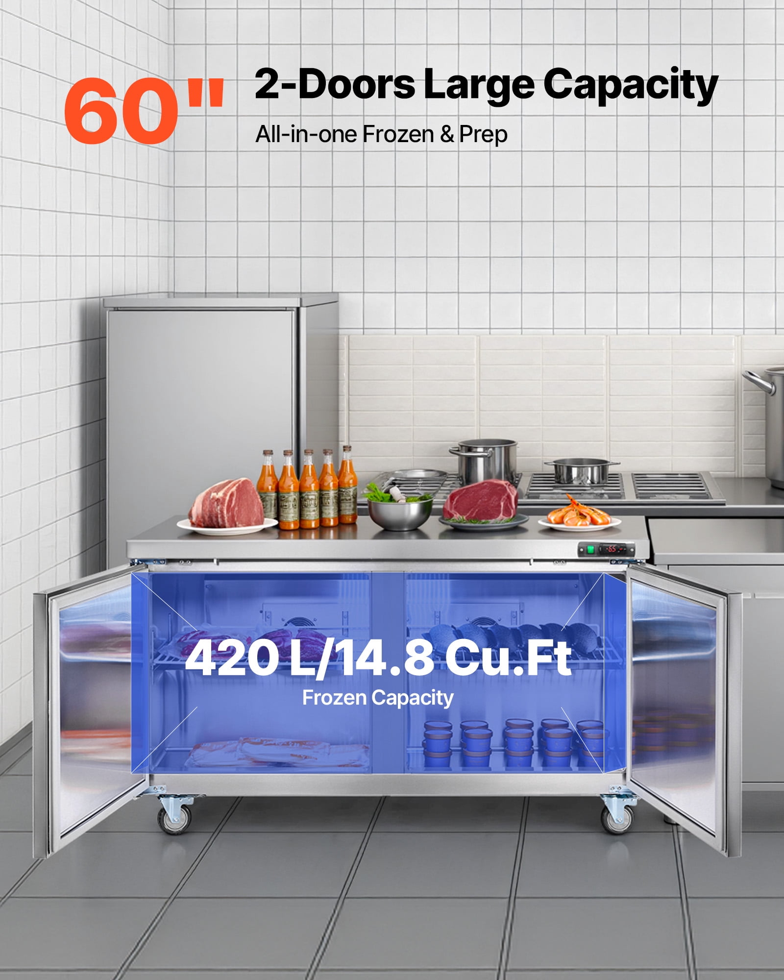 VEVOR 60" W Commercial Freezer, 14.8 Cu.Ft Worktop Freezers Undercounter with LED Auto Lighting and Lockable Door,2 Doors Food Freezing Prep Worktable,Stainless Steel