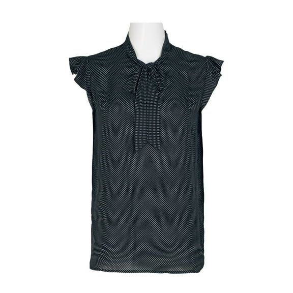 Counterparts Tie Neck Flutter Sleeve Mini Polka Dot Print Crepe Top-BLACK WHITE / S