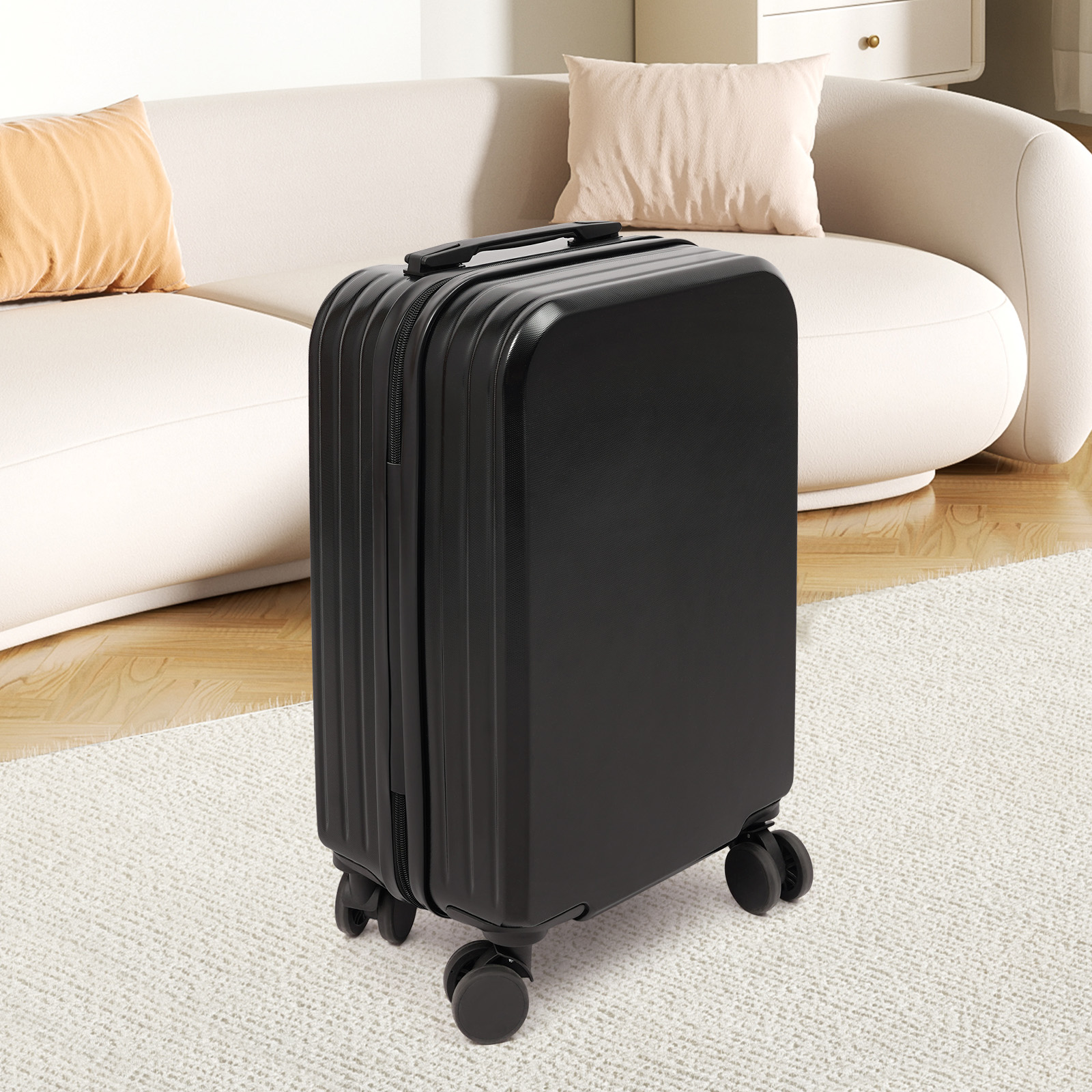 20" Travel Luggage Suitcase Black Carry On Luggage, Suitcase with Cup Holder