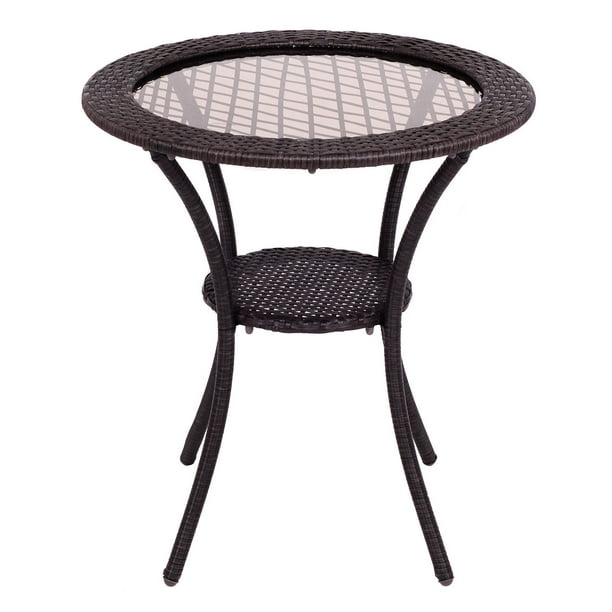 Costway Round Rattan Wicker Coffee, Round Rattan Garden Table With Glass Top