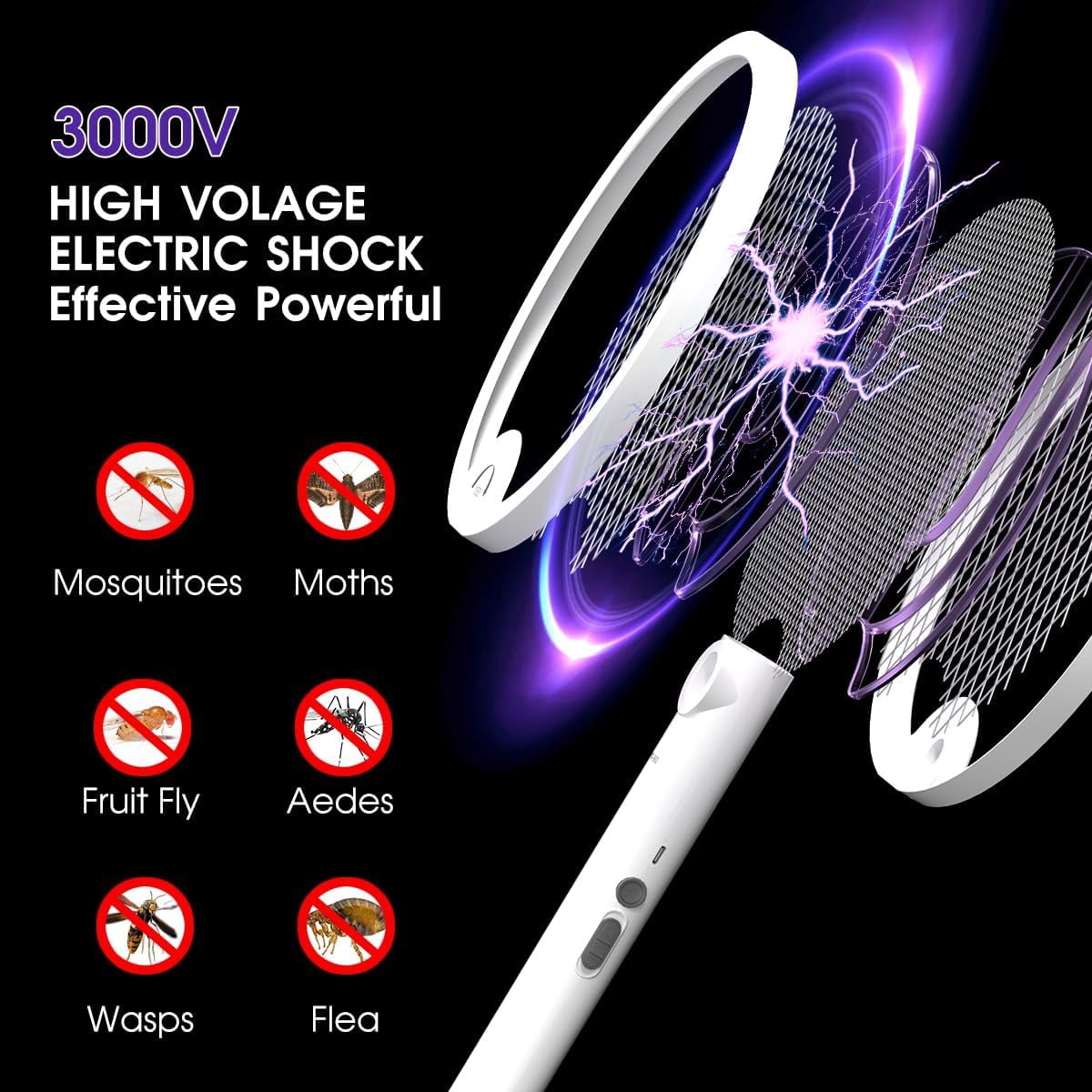 XZtimes 4000V Electric Fly Swatter USB Rechargeable Bug Zapper Racket with 1200mAh Battery