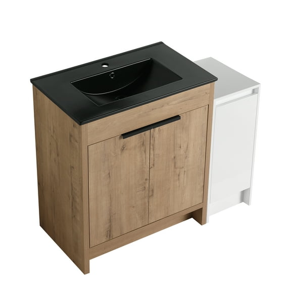 42" Freestanding Bathroom Vanity with Black Ceramic Sink & Storage Cabinets, Soft-Close Door, Glossy White & Oak Plywood, Modern Design