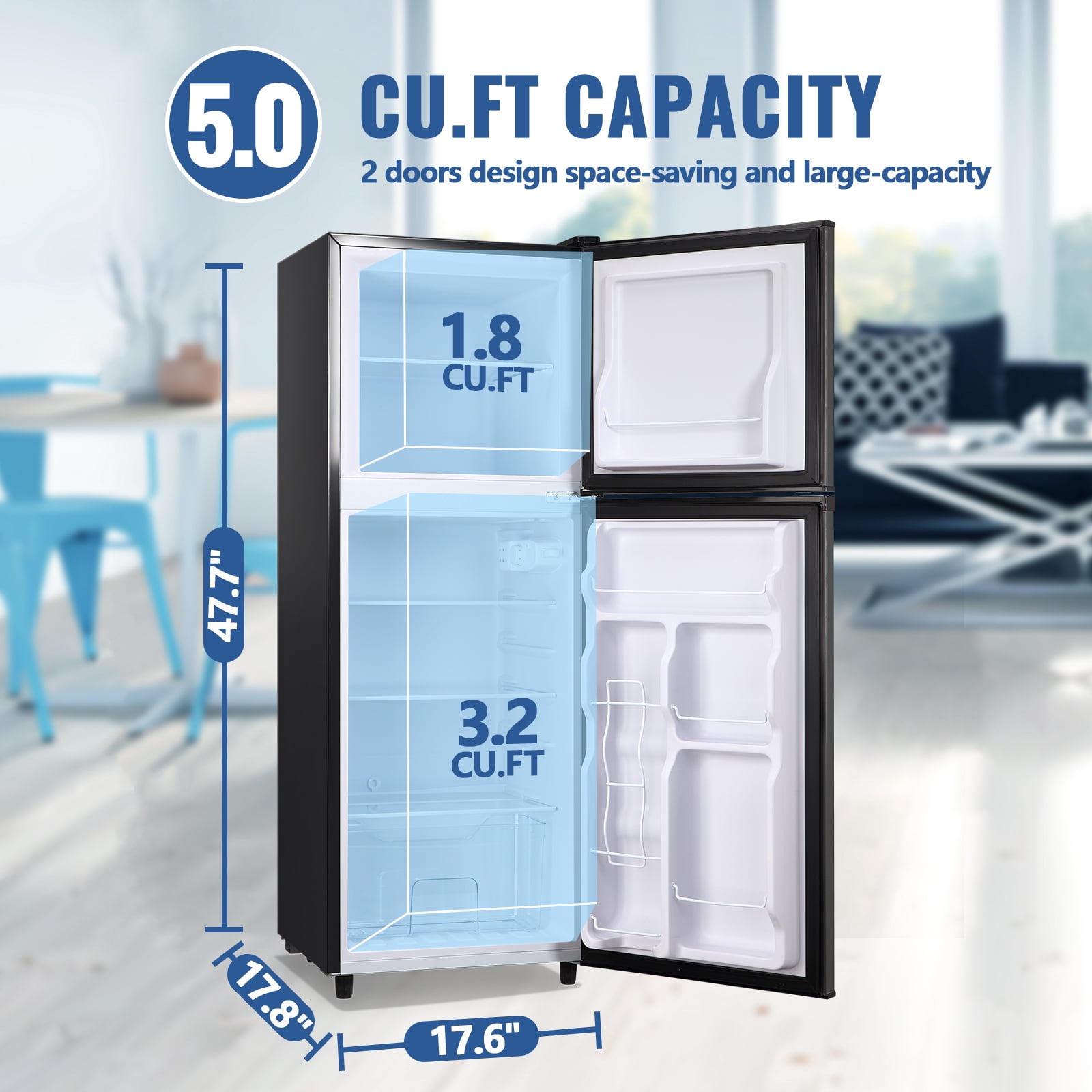 JIEJIA Double Door Small Refrigerator, 5.0 Cubic Feet Mini Fridge with 7-Level Adjustable Thermostat for Office, Dorm, Bedroom, Home and Apartment, Gray