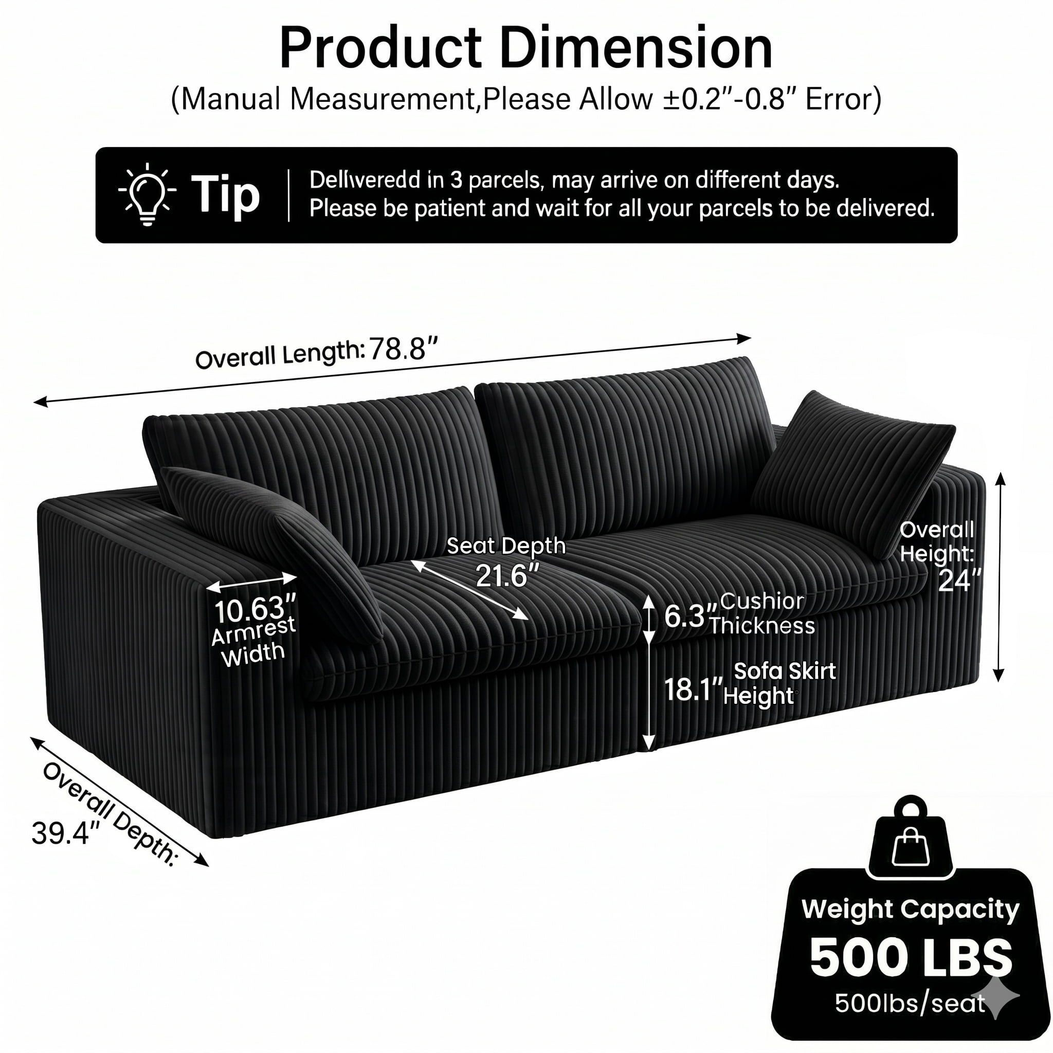 78.8" Corduroy Boneless Loveseat Couch with Removable Cushion, Cloud sectional Sofa, No Assembly Required, Compression Sofa in a Box, DlY Combination for Living Room