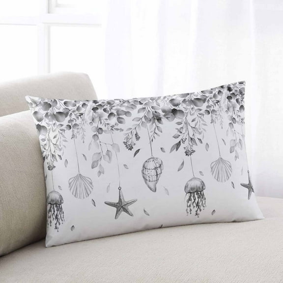Coastal Eucalyptus Throw Pillow Cover Case,Couch Sofa Bed Pillowcase,Soft Decorative Lumbar Pillow Protector,Gray Spring Leaves Nautical Starfish Conch 12x20Inch Reversible Pillow Shams with Zipper