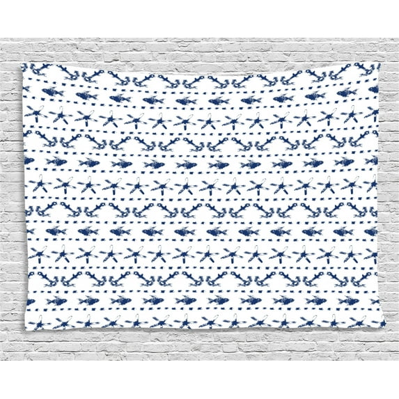 Navy Blue Decor Tapestry, Navy Yatch Themed Design with Fish Starfish and Anchor Nautical Print, Wall Hanging for Bedroom Living Room Dorm Decor, 60W X 40L Inches, Navy and White, by Ambesonne