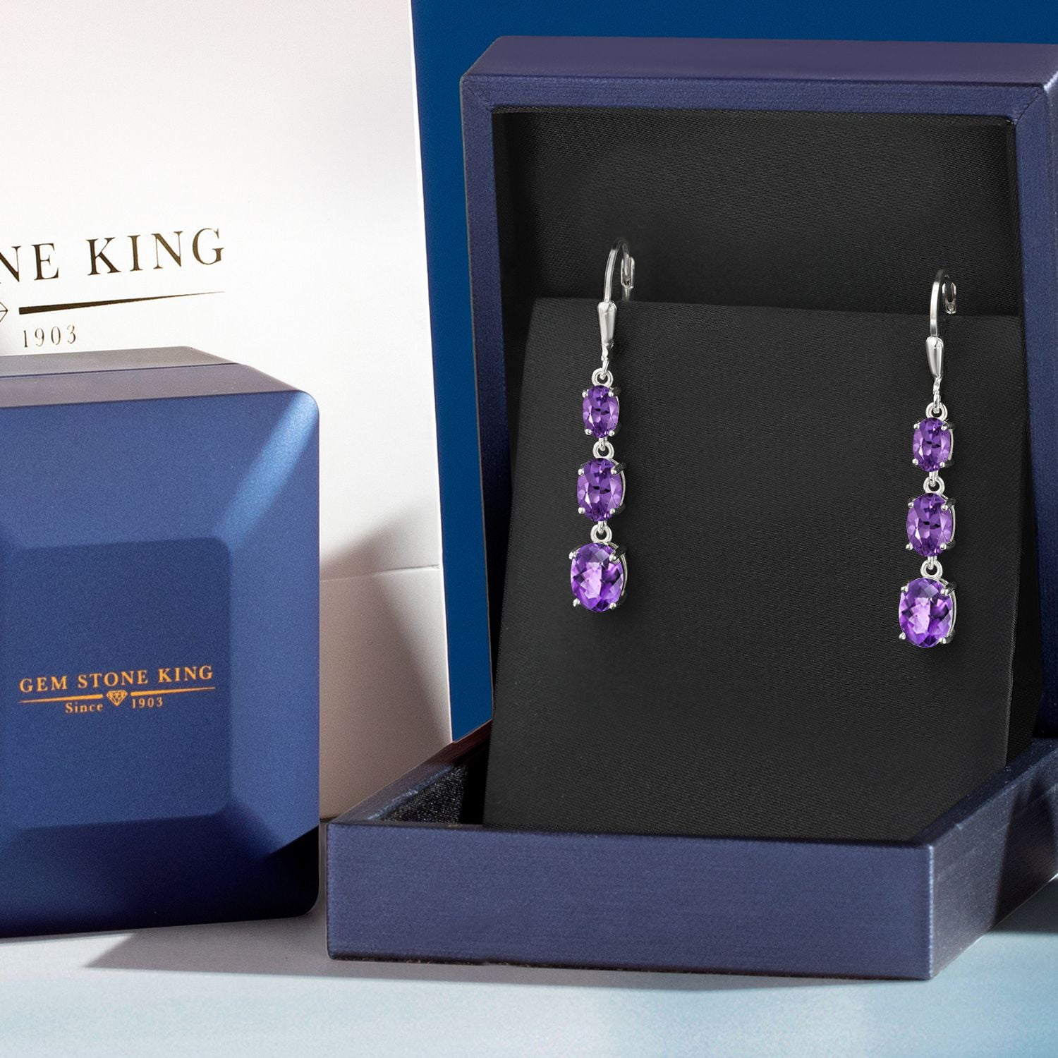 Gem Stone King 925 Sterling Silver Purple Amethyst 3 Stone Dangle Earrings for Women (4.80 Cttw, Gemstone February Birthstone, Oval Checkerboard 8X6MM, 7X5MM and 6X4MM)